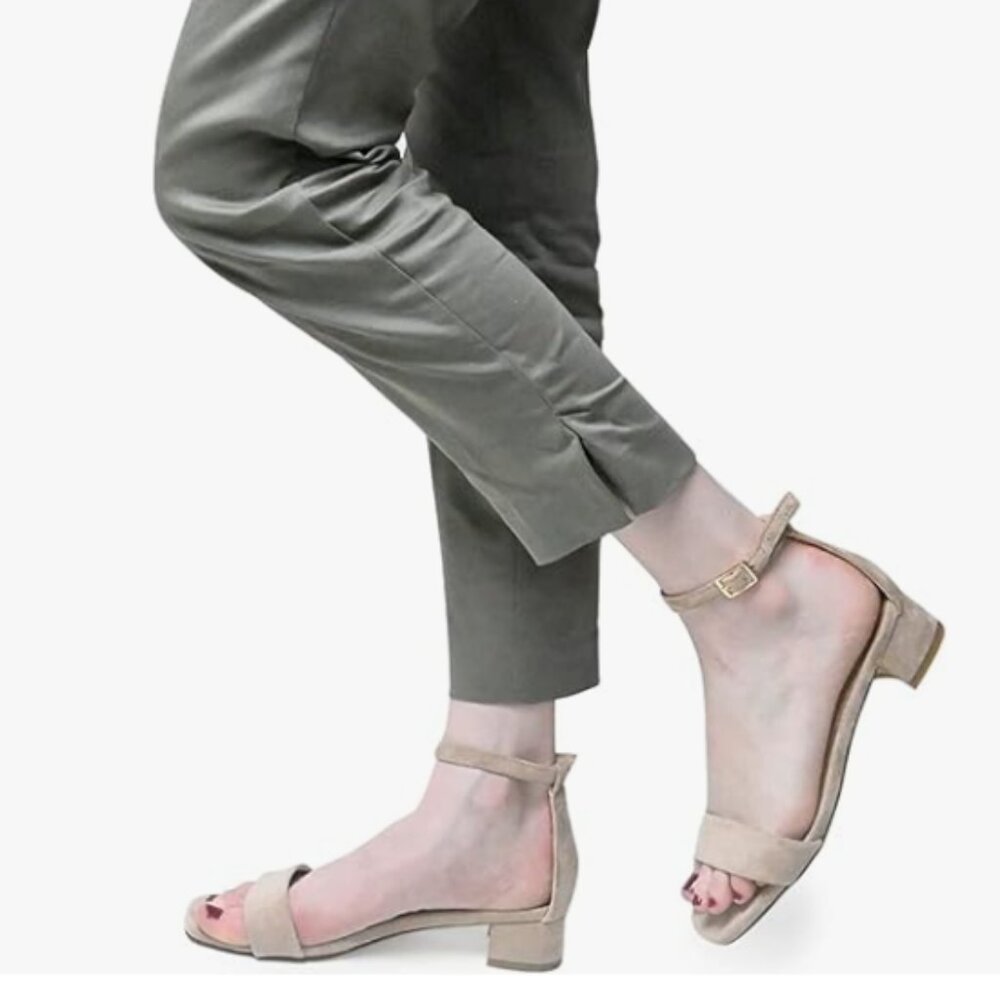 XYD Nude Suede Open Toe Ankle Strap Buckled Low Chunky Heel Sandals